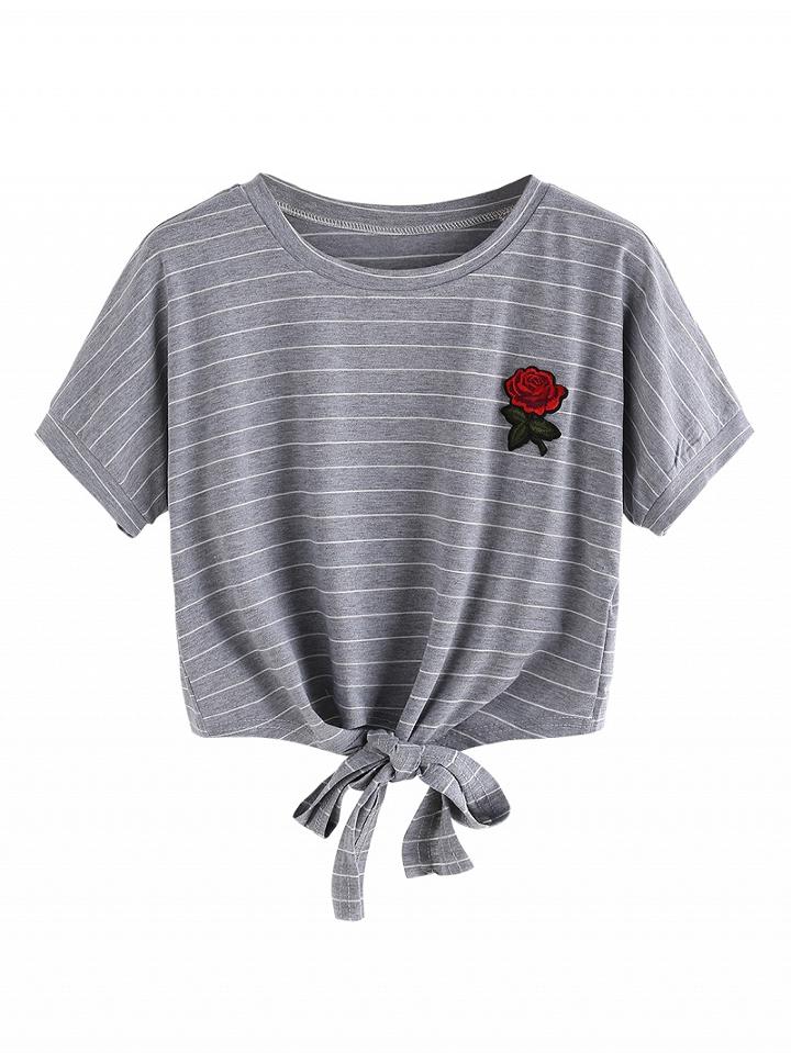 Choies Gray Stripe Embroidery Rose Tie Front Short Sleeve T-shirt