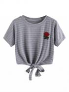 Choies Gray Stripe Embroidery Rose Tie Front Short Sleeve T-shirt
