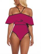 Choies Violet Red Halter Ruffle Contrast Trim Tie Waist Swimsuit