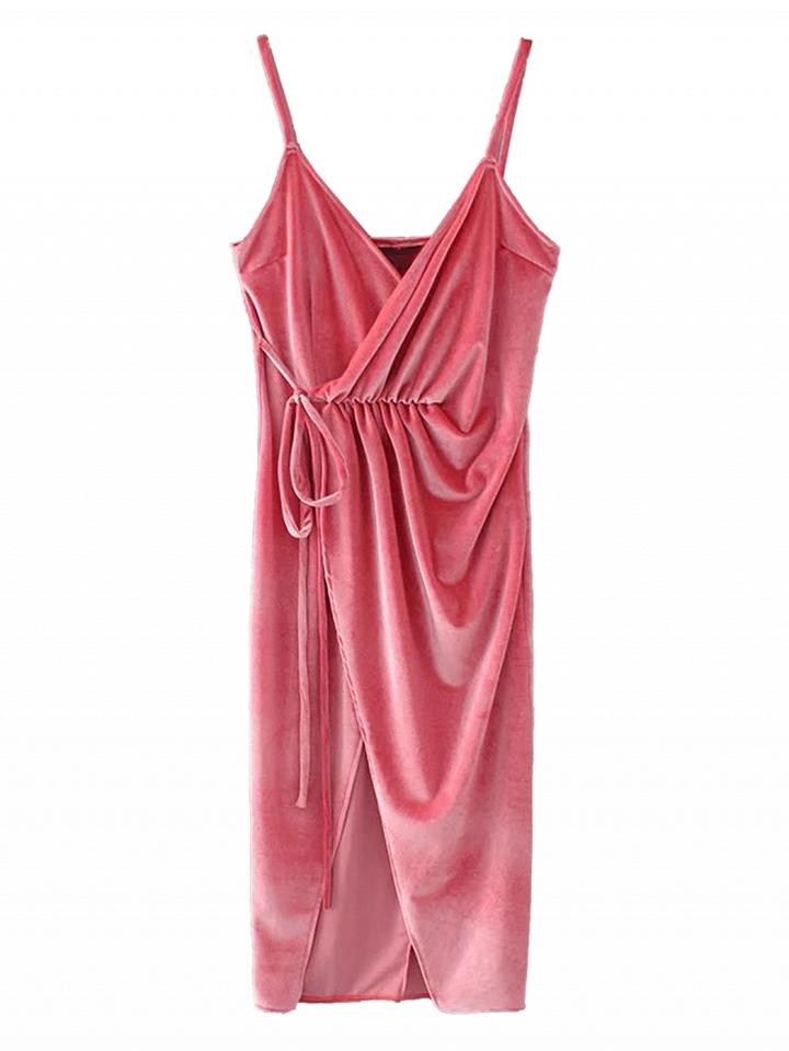 Choies Pink Wrap V-neck Split Velvet Cami Dress