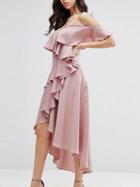 Choies Pink V-neck Cold Shoulder Ruffle Trim Slim Strap Dipped Hem Dress