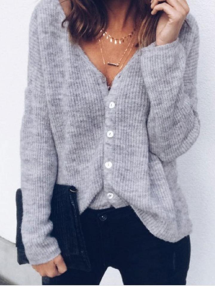 Choies Gray V-neck Button Placket Front Long Sleeve Knit Cardigan