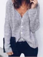 Choies Gray V-neck Button Placket Front Long Sleeve Knit Cardigan
