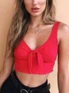 Choies Red V-neck Knot Front Ribbed Crop Tank