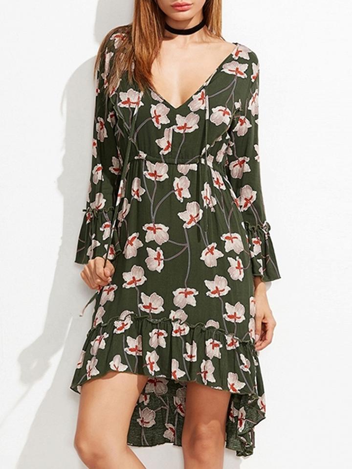 Choies Polychrome V-neck Floral Flared Sleee Dipped Hem Dress