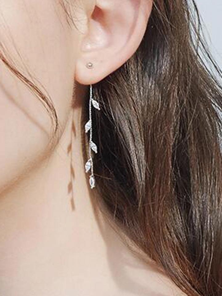 Choies Silver Leaf Shape Rhinestone Embellished Chic Women Earrings
