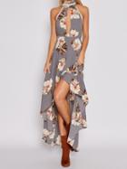 Choies Gray Choker Neck Slit Front Floral Print Hi-lo Maxi Dress