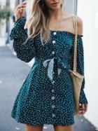 Choies Dark Green Chiffon Off Shoulder Polka Dot Print Chic Women Mini Dress