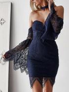 Choies Dark Blue Off Shoulder Flare Sleeve Chic Women Lace Bodycon Mini Dress