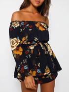 Choies Navy Off Shoulder Floral Print Pom Pom Trim Romper Playsuit