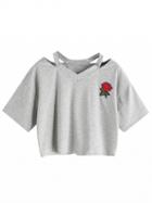 Choies Gray Ripped Neck Embroidery Floral Crop T-shirt