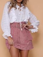 Choies Pink High Waist Frill Trim Women Corduroy Mini Skirt