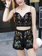 Choies Black V-neck Embroidery Floral Cut Out Strap Crop Top And Shorts