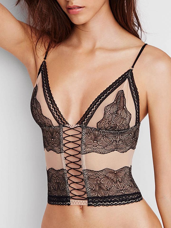 Choies Black Deep V-neck Lace Panel Lattice Front Cami Top