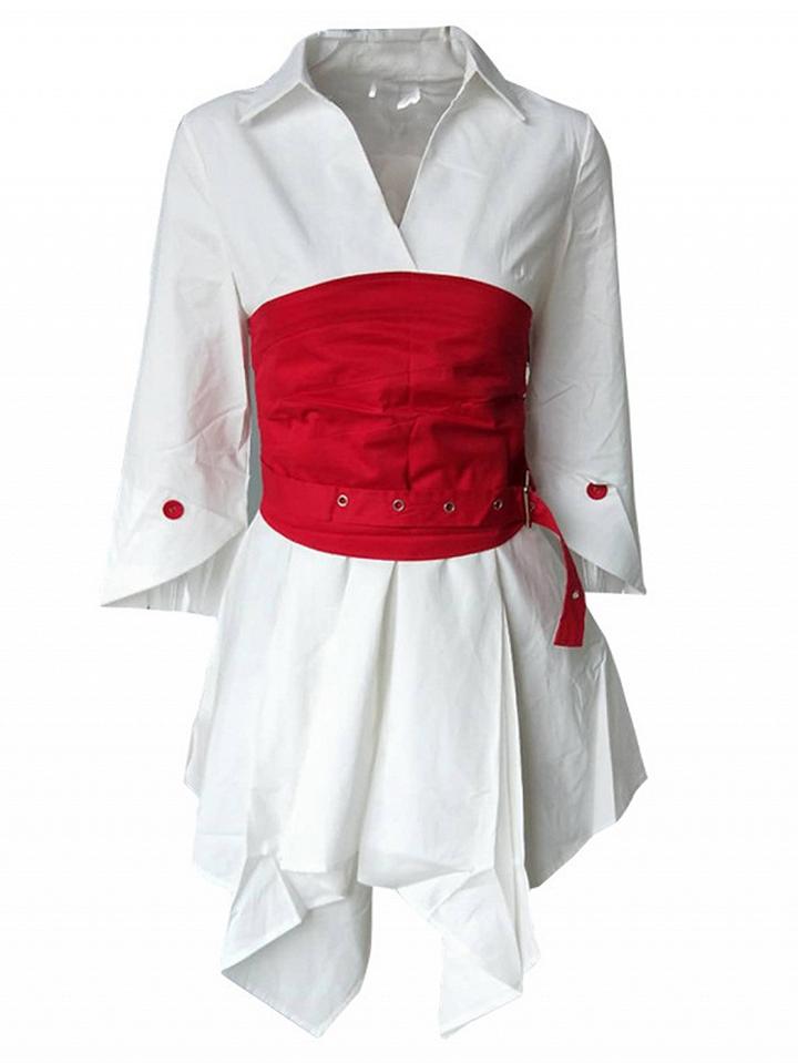 Choies White V-neck Asymmetric Hem Shirt Dress And Corset Belt