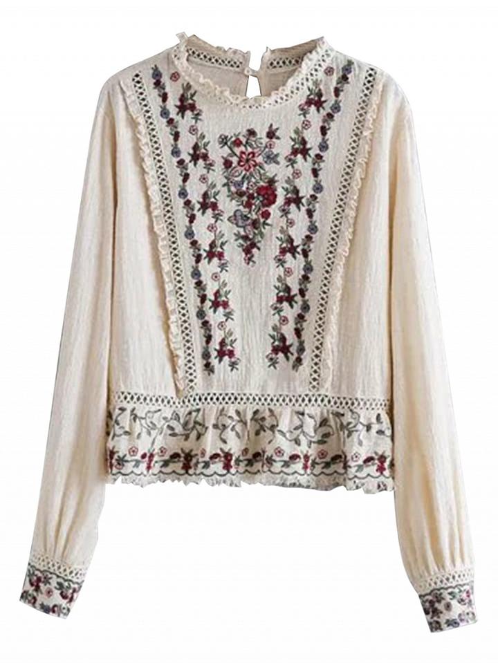 Choies Beige Embroidery Floral Ruffle Hem Long Sleeve Blouse