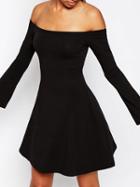 Choies Black Off Shoulder Flare Long Sleeve Skater Mini Dress