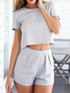 Choies Gray Short Sleeve Crop Top And High Waist Shorts