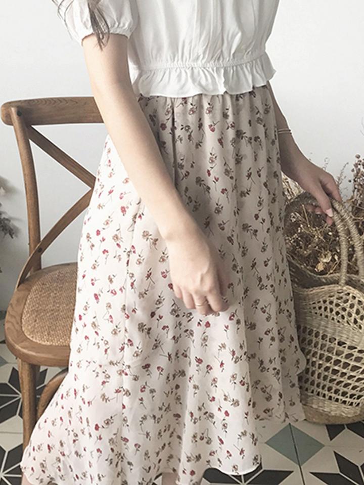 Choies Beige High Waist Floral Print Asymmetric Hem Chic Women Midi Skirt