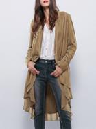 Choies Khaki Velvet Open Front Ruffle Hem Long Sleeve Coat