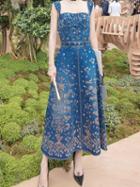 Choies Blue Flower Embroidery Sleeveless Chic Women Denim Maxi Dress