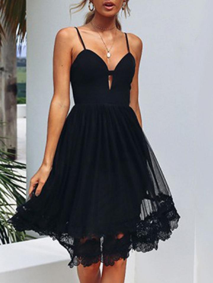 Choies Black V-neck Open Back Chic Women Lace Cami Dress