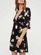 Choies Black Plunge Floral Print Bow Tie Front Mini Dress
