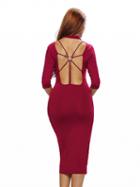 Choies Burgundy Half Sleeve Strap Back Detail Midi Bodycon Dress