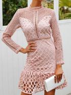 Choies Pink High Neck Ruffle Hem Long Sleeve Chic Women Lace Mini Dress
