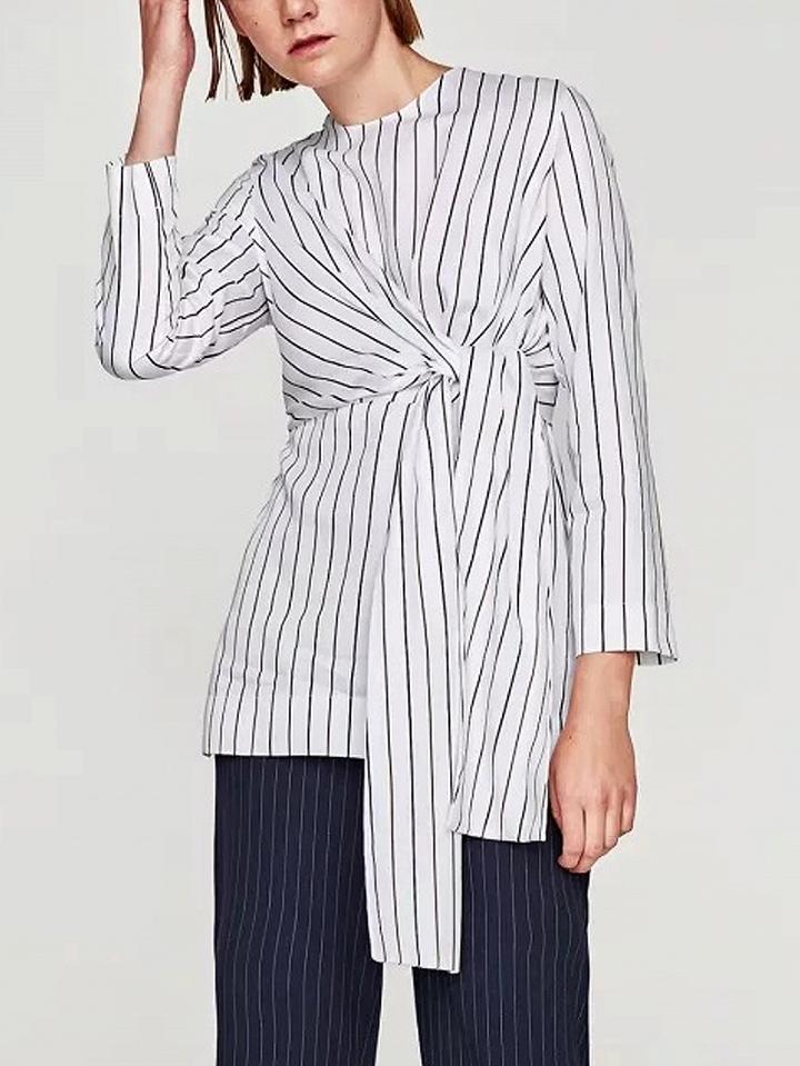 Choies White Stripe Knot Front Long Sleeve Blouse