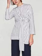 Choies White Stripe Knot Front Long Sleeve Blouse
