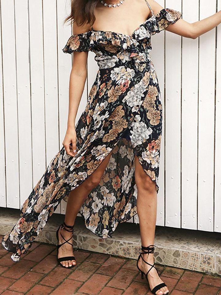 Choies Polychrome Floral Print Ruffle Wrap Front Cami Maxi Dress