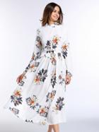 Choies White Print Floral Long Sleeve Midi Dress