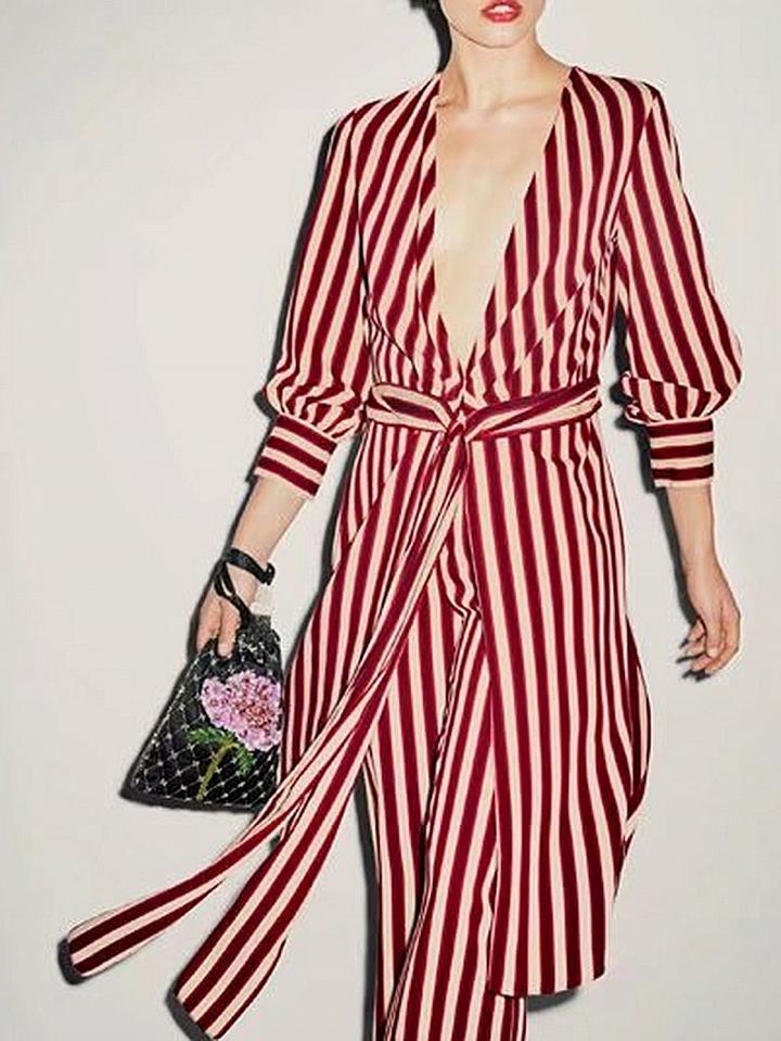 Choies Red Satin Look Stripe Plunge Tie Waist Long Sleeve Hi-lo Dress