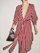 Choies Red Satin Look Stripe Plunge Tie Waist Long Sleeve Hi-lo Dress
