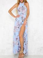Choies Blue Choker Floral Print Ladder Insert Tie Back Maxi Dress