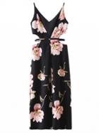 Choies Black Floral Deep V-neck Cut Out Side Split Dress