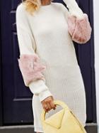 Choies White Fluffy Panel Long Sleeve Chic Women Knit Mini Dress