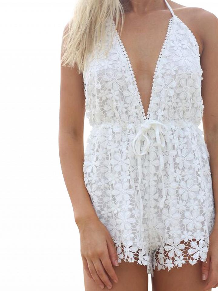 Choies White V-neck Halter Backless Lace Romper Playsuit