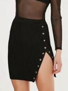 Choies Black High Waist Button Side Rib Knit Bodycon Mini Skirt