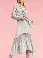 Choies Green Plunge Sheer Lace Panel Tie Neck Ruffle Hem Dress