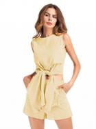 Choies Beige Tie Front Sleeveless Crop Top And Shorts