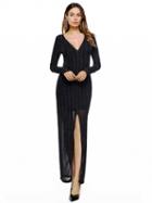 Choies Black Plunge Thigh Split Long Sleeve Maxi Dress And Lining