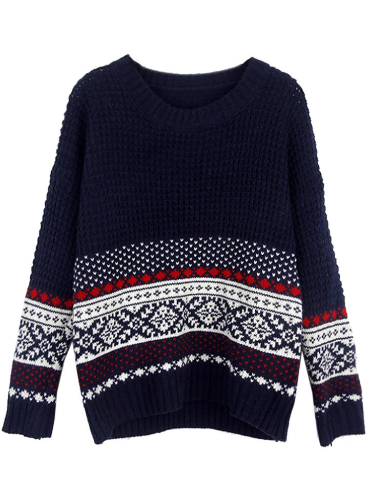 Choies Navy Folk Pattern Long Sleeve Knit Jumper