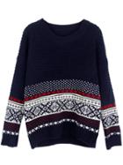 Choies Navy Folk Pattern Long Sleeve Knit Jumper