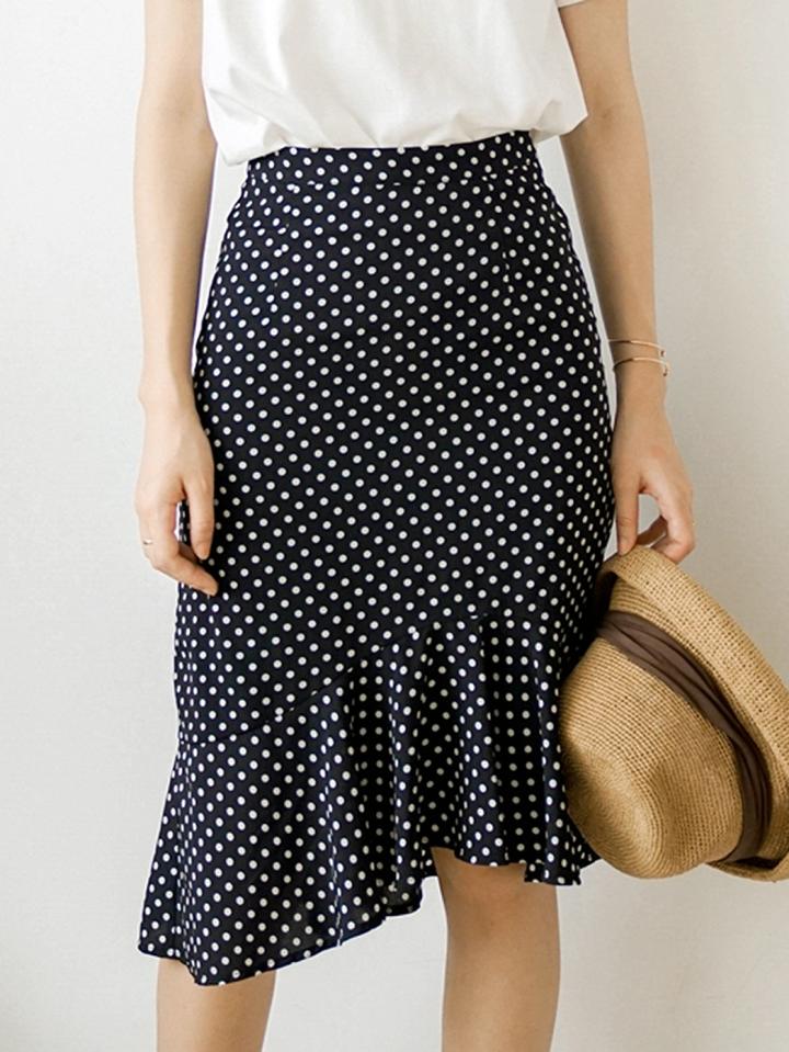 Choies Black Chiffon High Waist Polka Dot Print Fishtail Hem Chic Women Skirt