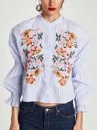 Choies Blue Stripe Embroidery Floral Shirt