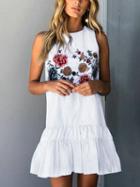 Choies White Floral Print Ruffle Hem Sleeveless Mini Dress