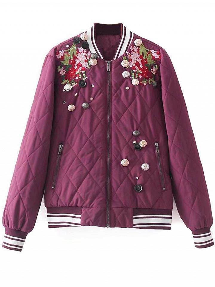 Choies Burgundy Embroidery Floral Button Embellished Padded Jacket