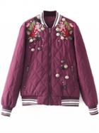 Choies Burgundy Embroidery Floral Button Embellished Padded Jacket